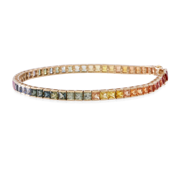 Limited Edition 9K Yellow Gold AAA Rainbow Sapphire (Sqr) Tennis Bracelet (Size 7.5) 11.500 Ct.