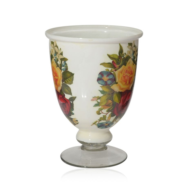 Home Decor - Flower Printed Multi Purpose Glass Hurricane Vase (Size 6.5x5 inch)