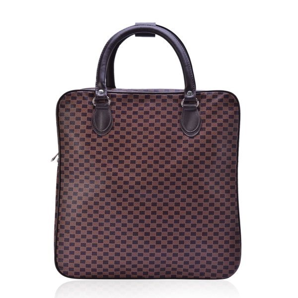 Chocolate Colour Checks Pattern Weekend Bag with External Zipper Pocket (Size 37x36x17 Cm)