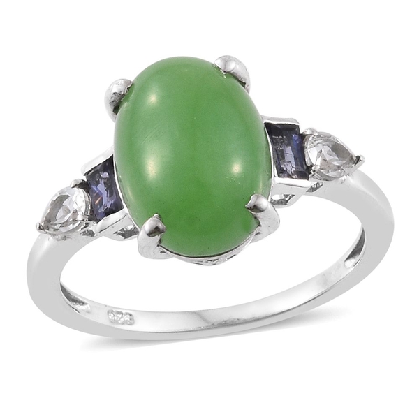 Green Jade (Ovl 6.00 Ct), Iolite and White Topaz Ring in Platinum Overlay Sterling Silver 6.520 Ct.