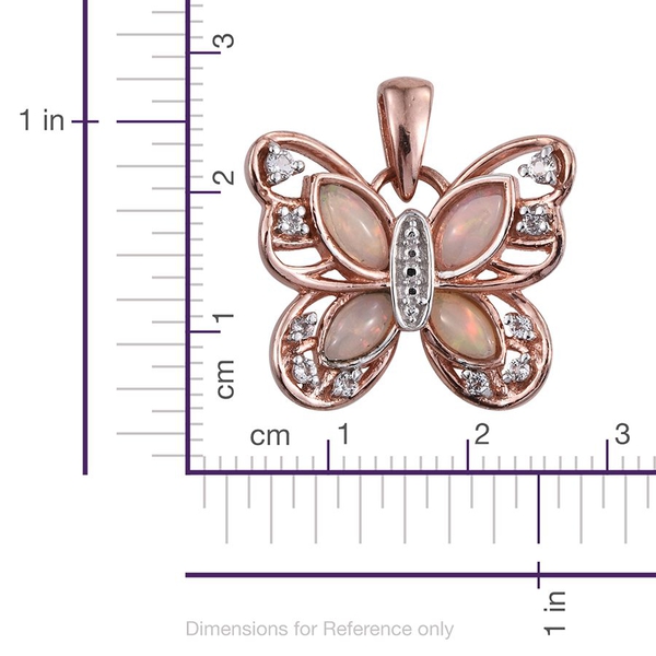 Ethiopian Welo Opal (Mrq), White Topaz Butterfly Pendant in Rose Gold Overlay Sterling Silver 1.000 Ct.