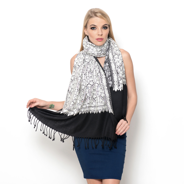 100% Merino Wool White Colour Mystic Sequins Embroidered Black Colour Scarf with Fringes at the Bott