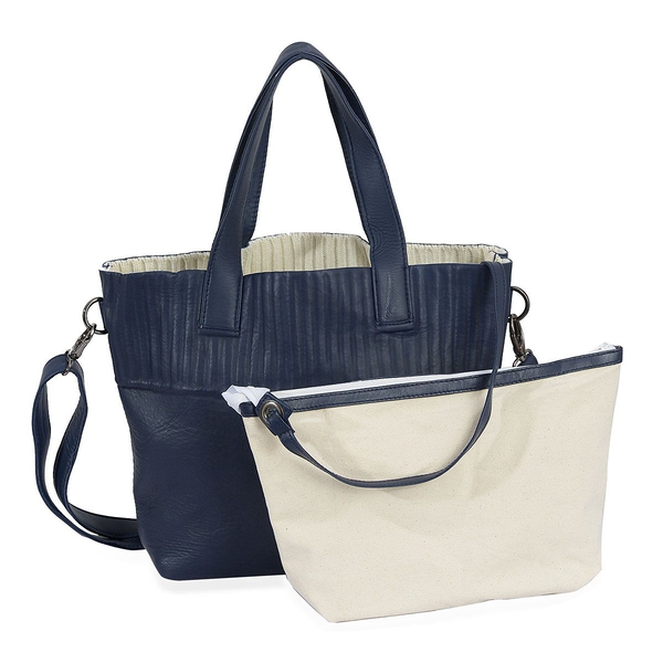 Set of 2 - Navy Blue and White Colour Large and Small Genuine Leather Handbag with Removable Shoulder Strap (Size 28x34x11, 22x21 Cm)