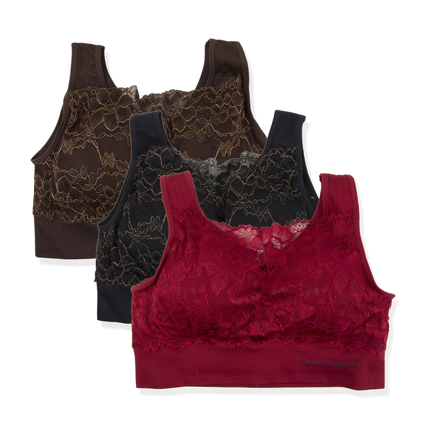 3 Piece Set - SANKOM SWITZERLAND Patent Classic with Gold Trim Lace Bra (Size M-L, 12 to 14) Including Black, Brown and Red