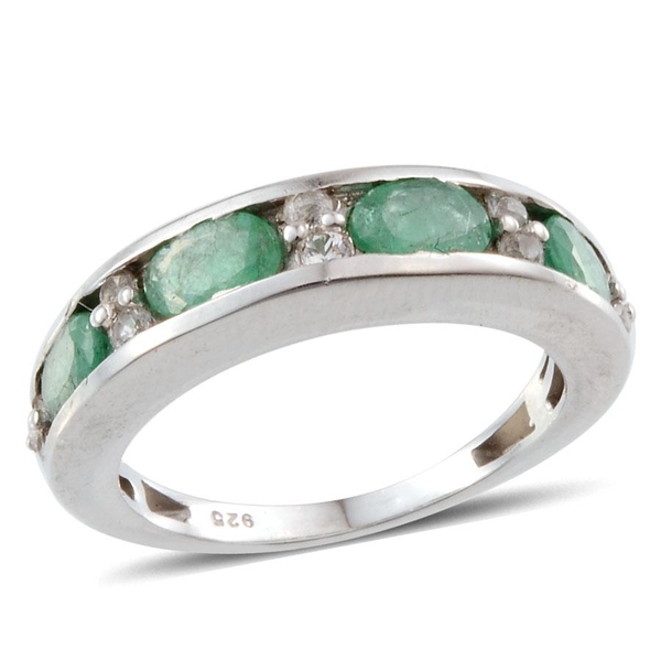 Kagem Zambian Emerald (Ovl), White Topaz Half Eternity Band Ring in Platinum Overlay Sterling Silver