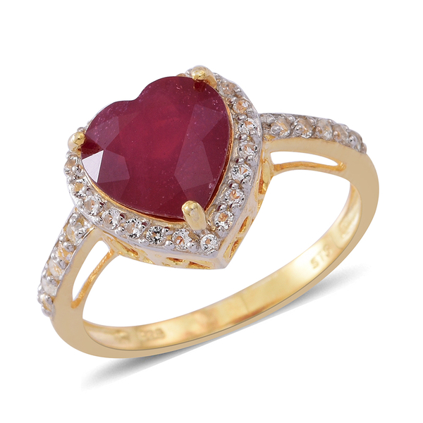 African Ruby (Hrt 5.00 Ct), White Zircon Ring in 14K Gold Overlay Sterling Silver 6.000 Ct.