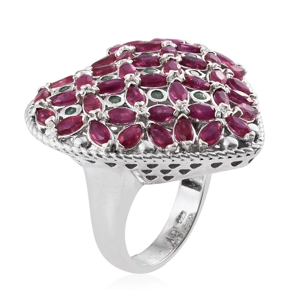 Designer Inspired -African Ruby (Mrq), Kagem Zambian Emerald Heart Ring in Platinum Overlay Sterling Silver 5.750 Ct. Silver wt 10.22 Gms.