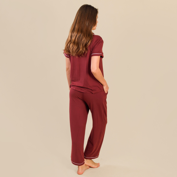 Tamsy Jersey Button Through Rever Collar Pyjama Set (Size S) - Burgundy