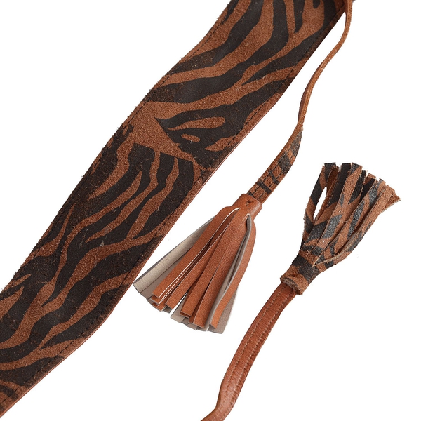 100% Genuine Leather Zebra Pattern Chocolate and Black Colour Adjustable Waist Belt with Tassels