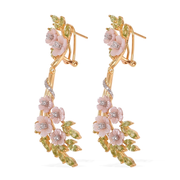 JARDIN COLLECTION - Pink Mother of Pearl, Hebei Peridot and Natural White Cambodian Zircon Earrings (with French Clasp) in Rhodium and Gold Overlay Sterling Silver, Silver wt 10.58 Gms