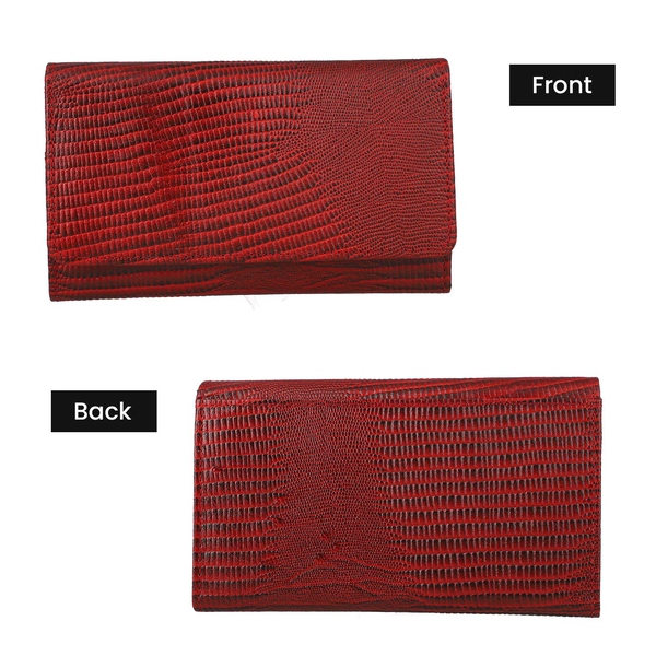 100% Genuine Leather Lizard Embossed Womens RFID Protected Wallet (Size 18x10 Cm) - Red