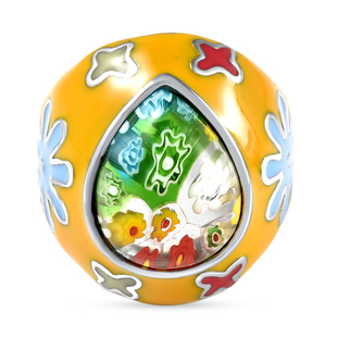 Multi Colour Murano Style Glass Enamelled Ring in Silver Tone