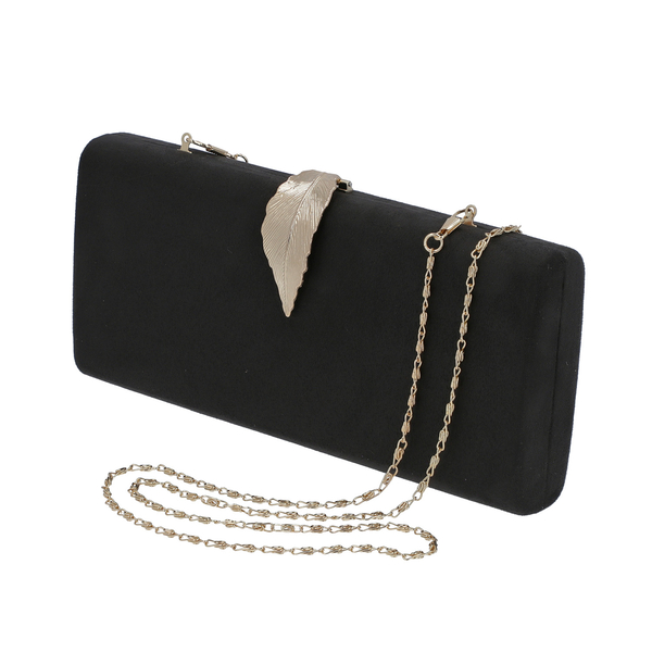 Velvet Clutch Bag with Detachable Shoulder Chain and Metal Leaf Closure (Size 28x4x12 Cm) - Black