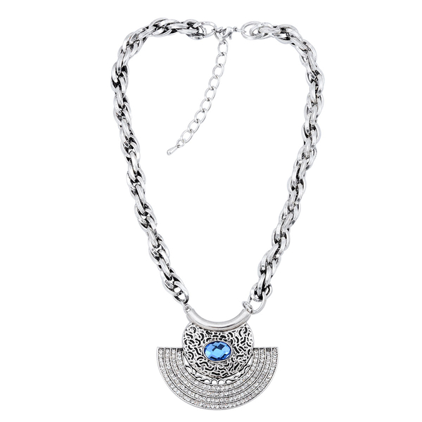 Simulated Aquamarine, White Austrian Crystal Necklace (Size 18 with Extender) in Black Tone