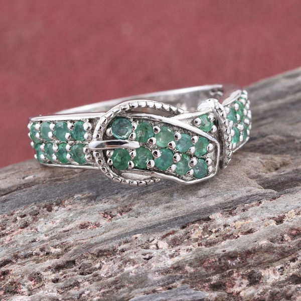 Kagem Zambian Emerald (Rnd) Buckle Ring in Platinum Overlay Sterling Silver 0.750 Ct.