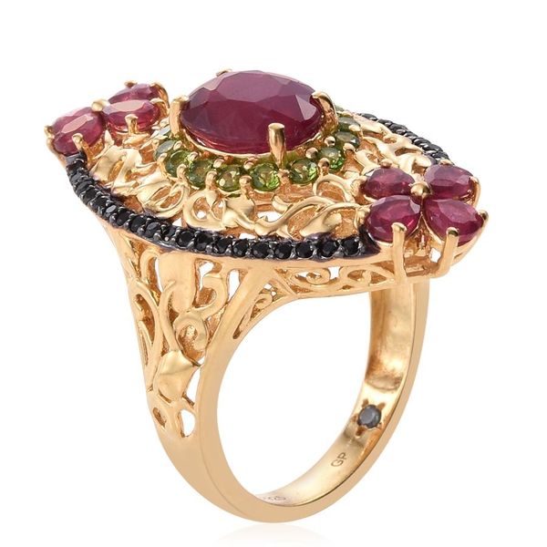 GP African Ruby (Ovl 3.70 Ct), Chrome Diopside, Boi Ploi Black Spinel and Kanchanaburi Blue Sapphire Ring in 14K Gold Overlay Sterling Silver 7.000 Ct.