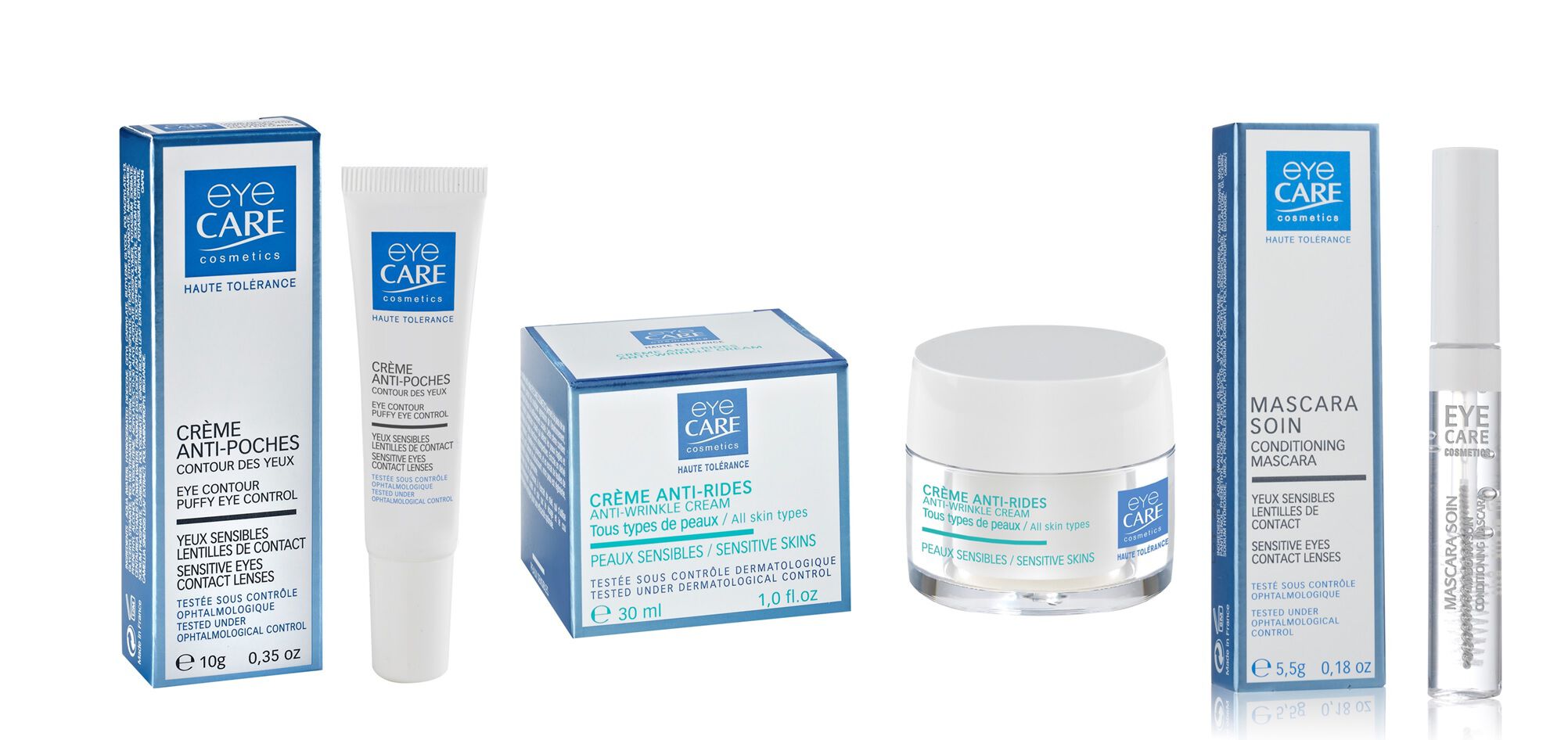 Eyecare cosmetics- Clear conditioning lash serum, Eye contour anti-wrinkle cream, Puffy Eye control 