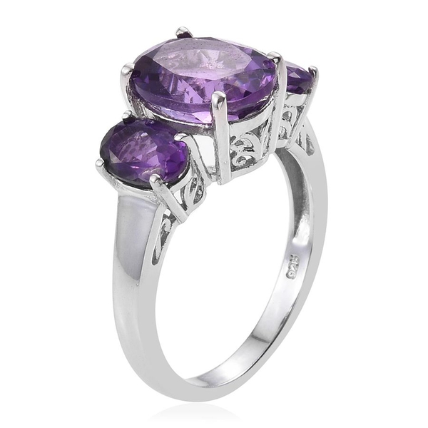 Natural Uruguay Amethyst (Ovl 3.25 Ct) 3 Stone Ring in Platinum Overlay Sterling Silver 4.750 Ct.