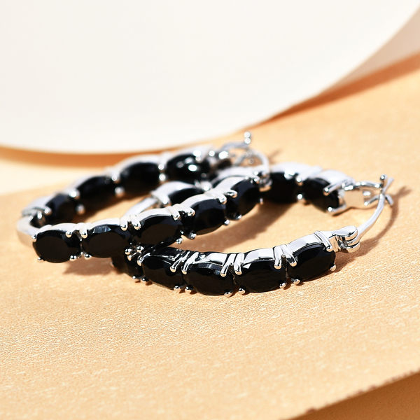 Black Spinel Hoop Earrings (with Clasp) in Platinum Overlay Sterling Silver 9.97 Ct, Silver Wt 7.00 Gms.