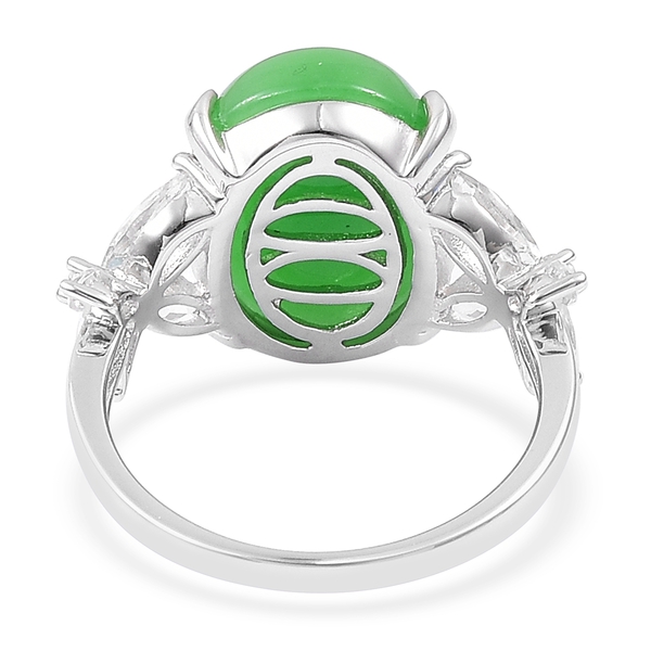 Green Jade (Ovl 11.25 Ct), White Topaz Ring in Rhodium Plated Sterling Silver 12.750 Ct.