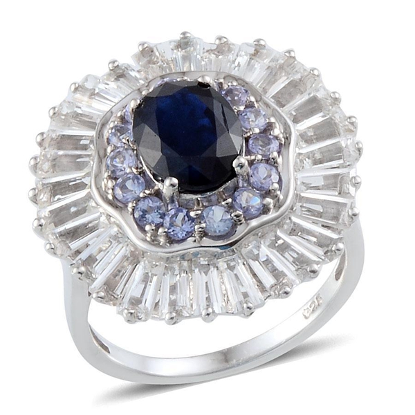 Kanchanaburi Blue Sapphire (Ovl 2.00 Ct), Tanzanite and White Topaz Ring in Platinum Overlay Sterlin