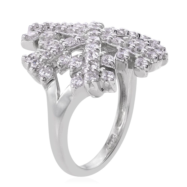 Lustro Stella - Platinum Overlay Sterling Silver (Rnd) Starburst Ring Made with Finest CZ, Silver wt 6.55 Gms.