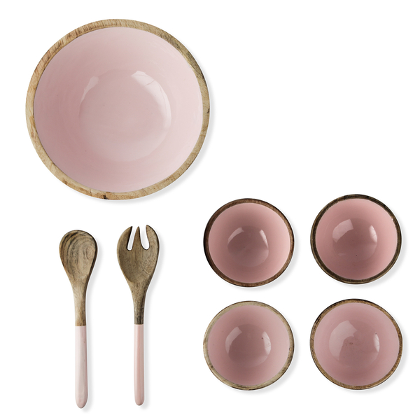 Set of 7 Pcs. - Food Serving Set in Mango Wood with Pink Enamel Interior - 1 Large Bowl, 4 Small Bow