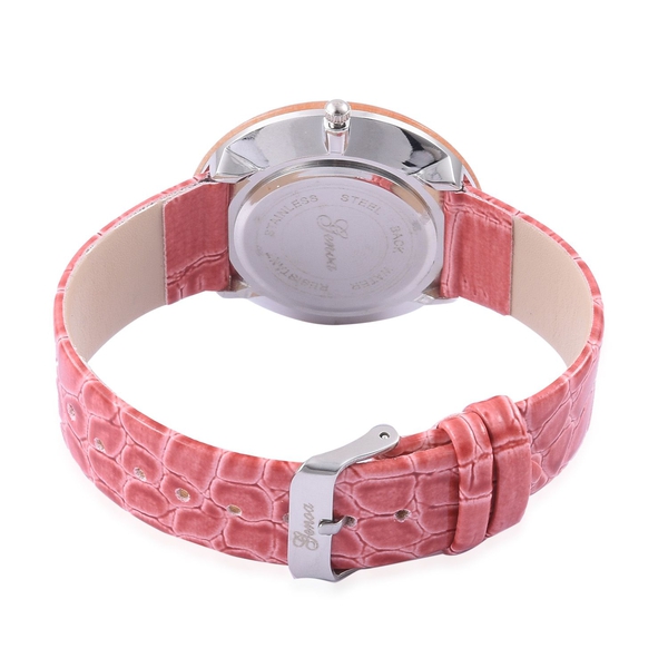 GENOA Japanese Movement Peach Quartzite, White Austrian Crystal Studded Water Resistant Watch with Stainless Steel Back and Rose Red Strap 25.000 Ct.