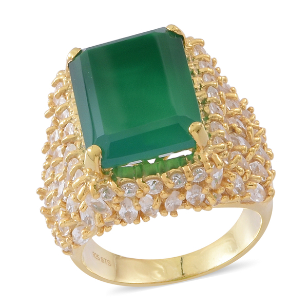 21.50 Ct Verde Onyx and Zircon Cluster Ring in Gold Plated Silver 10.80 Grams