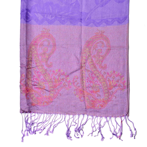 Pink and Multi Colour Floral and Paisley Pattern Purple Colour Scarf with Fringes (Size 170x68 Cm)