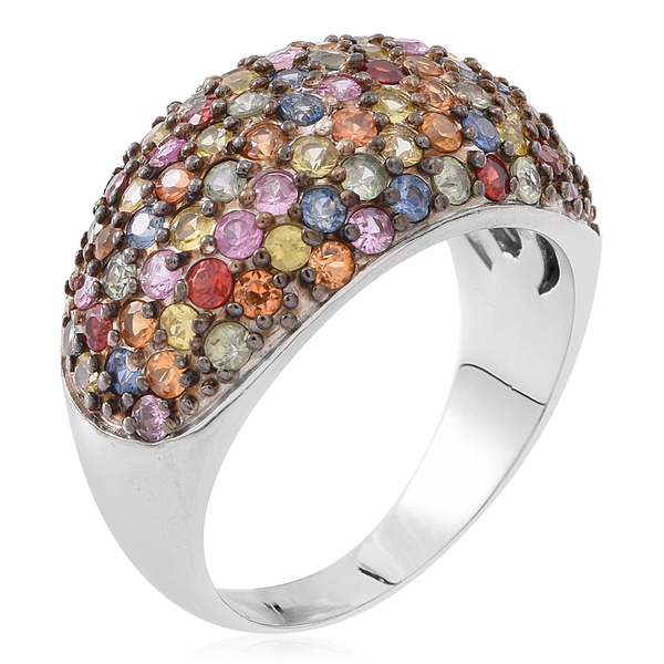 Designer Inspired - Rainbow Sapphire (Rnd) Ring in Rhodium Plated Sterling Silver 4.750 Ct.