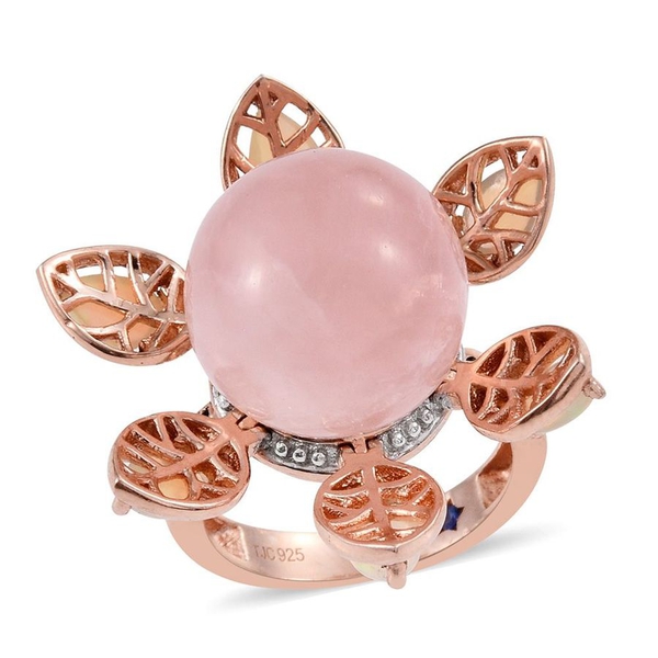 GP 22.50 Ct Rose Quartz and Multi Gemstone Flower Ring in Rose Gold Plated Silver