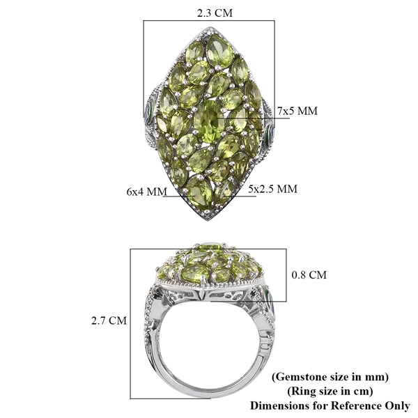 Natural Hebei Peridot Cluster Enamelled Ring in Platinum Overlay Sterling Silver 6.39 Ct, Silver wt. 8.2 Gms