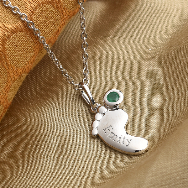 Personalised Baby Feet Birthstone and Name Pendant with Chain in Silver