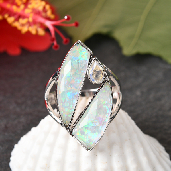 Sajen Silver ILLUMINATION Collection - Doublet Quartz and Rainbow Snow Ring in Rhodium Overlay Sterl