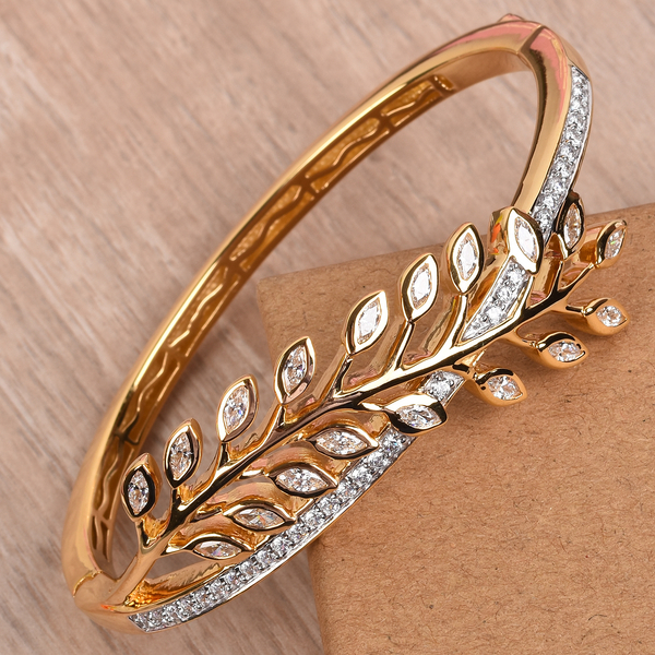 Lustro Stella 14K Gold Overlay Sterling Silver Leaf Design Bangle (Size 7.5) Made with Finest CZ 5.80 Ct, Silver wt 35.50 Gms