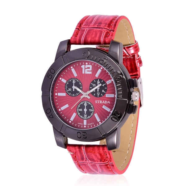 STRADA Japanese Movement Red Dial Water Resistant Watch in Black Tone with Stainless Steel Back and 