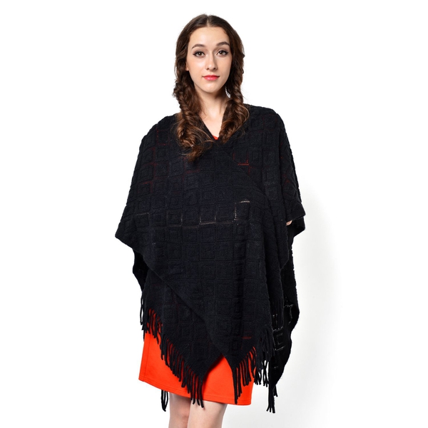 Black Colour Knitted Shawl with Tassels (Size 90x85 Cm)