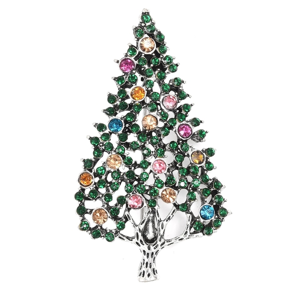 Green and Multi Austrian Crystal Christmas Tree Brooch in Silver Tone