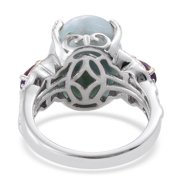 GP Larimar (Ovl 10.80 Ct), Amethyst, Natural Cambodian Zircon and Kanchanaburi Blue Sapphire Ring in Platinum and Yellow Gold Overlay Sterling Silver 12.000 Ct.