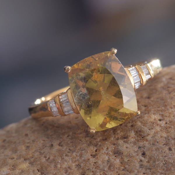 Rare Golden Canary Apatite (Cush 4.40 Ct), Diamond Ring in 14K Gold Overlay Sterling Silver 4.500 Ct.