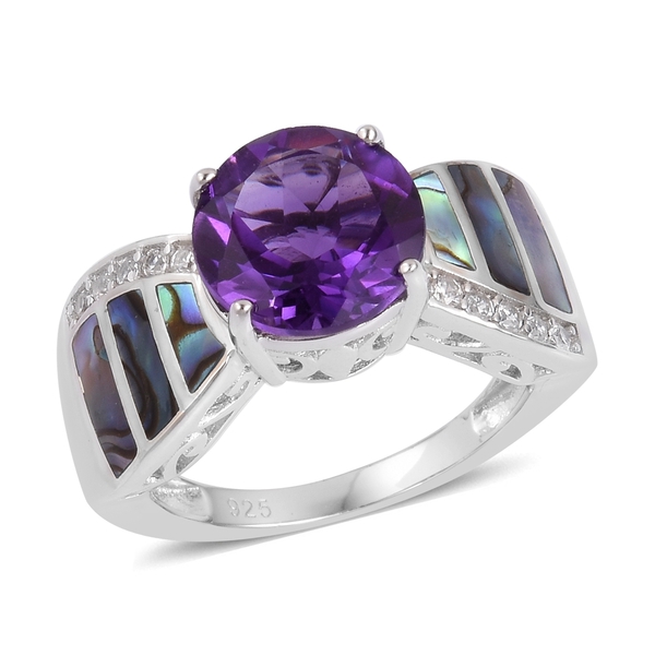 Lusaka Amethyst (Rnd 3.25 Ct), Abalone Shell and Natural White Cambodian Zircon Ring in Rhodium Plat