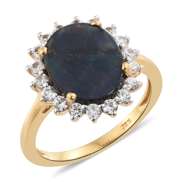 Natural Spectrolite (Ovl 2.35 Ct), Natural Cambodian Zircon Ring in 14K Gold Overlay Sterling Silver