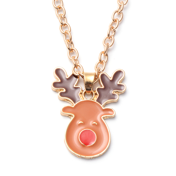 3 Piece Set - Christmas Reindeer Enamelled Pendant with Chain (Size 20 with 2 inch Extender), Bracelet (Size 7 with 2 inch Extender) and Hook Earrings in Yellow Gold Tone