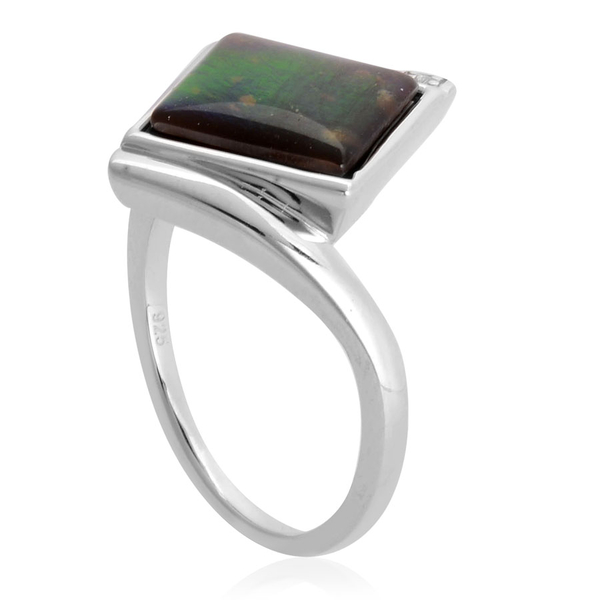Canadian Ammolite (Sqr 3.00 Ct), White Topaz Ring in Platinum Overlay Sterling Silver 3.050 Ct.