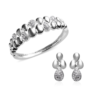 2 Piece Set - White Austrian Crystal Bangle (Size 7) and Dangle Earrings (with Push Back) in Silver 