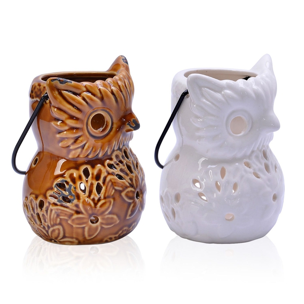 Home Decor - Set of 2 - Chocolate and White Colour Cut Out Leaf Pattern Owl Ceramic Lantern