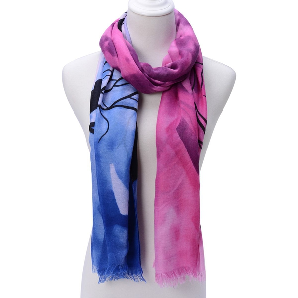 Black Colour Tree Pattern Pink and Blue Colour Scarf (Size 180x95 Cm)
