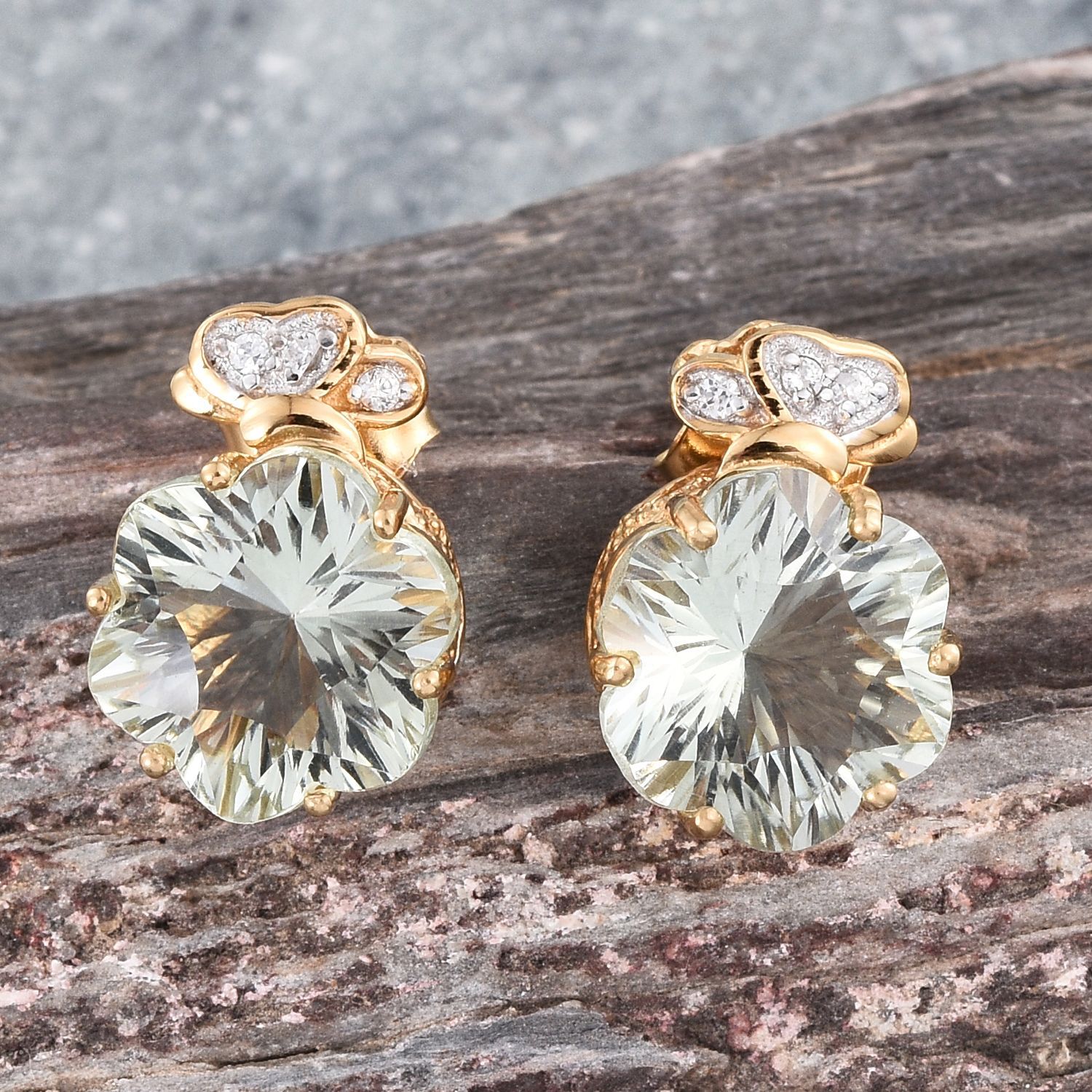 GP Green Amethyst, Natural Cambodian Zircon and Kanchanaburi Blue Sapphire Stud Earrings (with Push Back) in 14K Gold Overlay Sterling Silver 8.750 Ct.