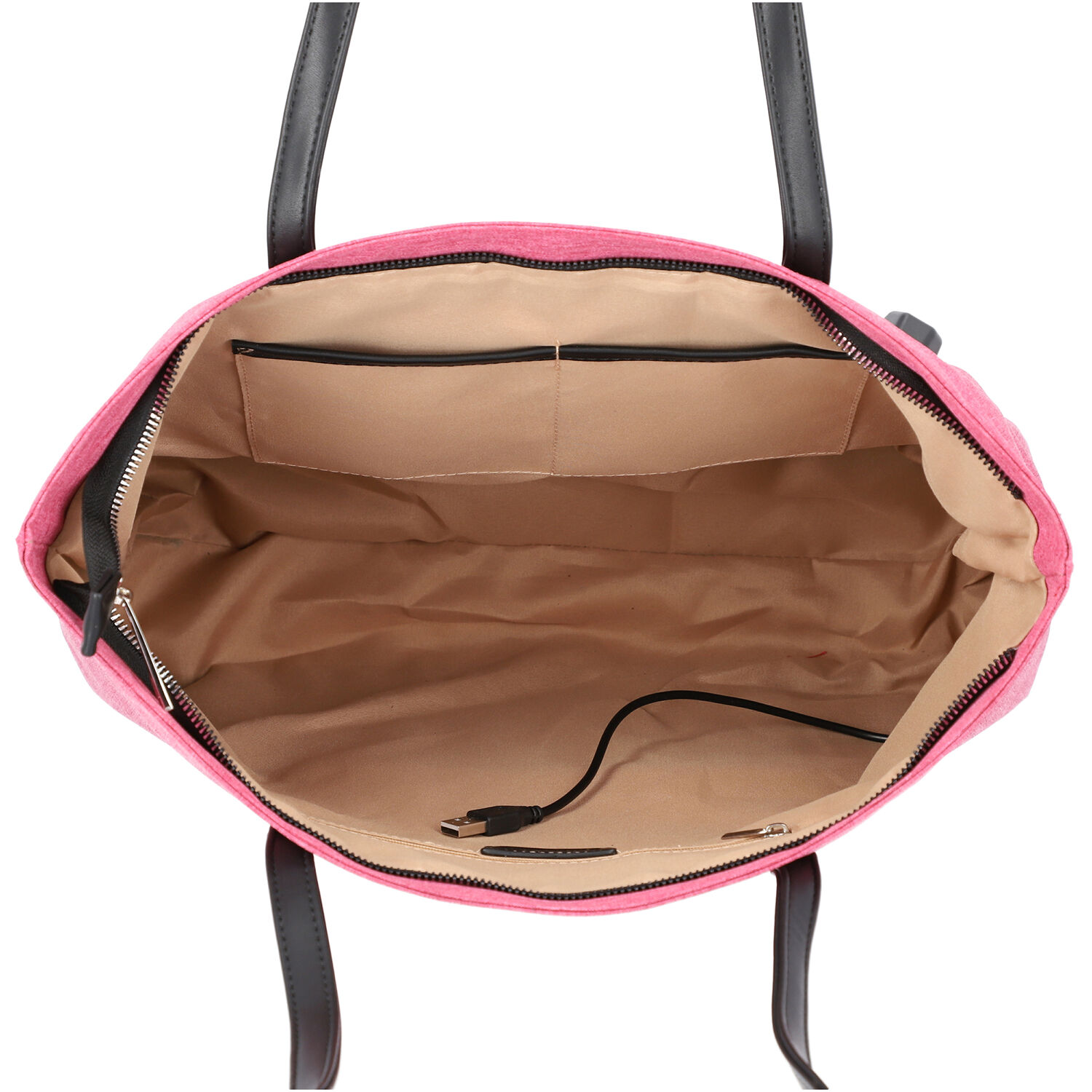 Multi Purpose Zipper Closure Tote Bag (40x13x35cm) with Wristlet (20x12cm) and Power Bank - Pink